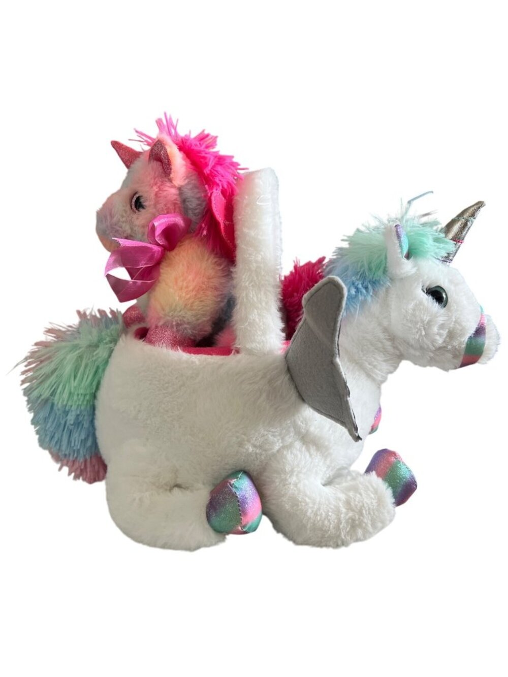 Rainbow Unicorn Plush Purse with stuffed baby unicorn and handle - Picture 4 of 10